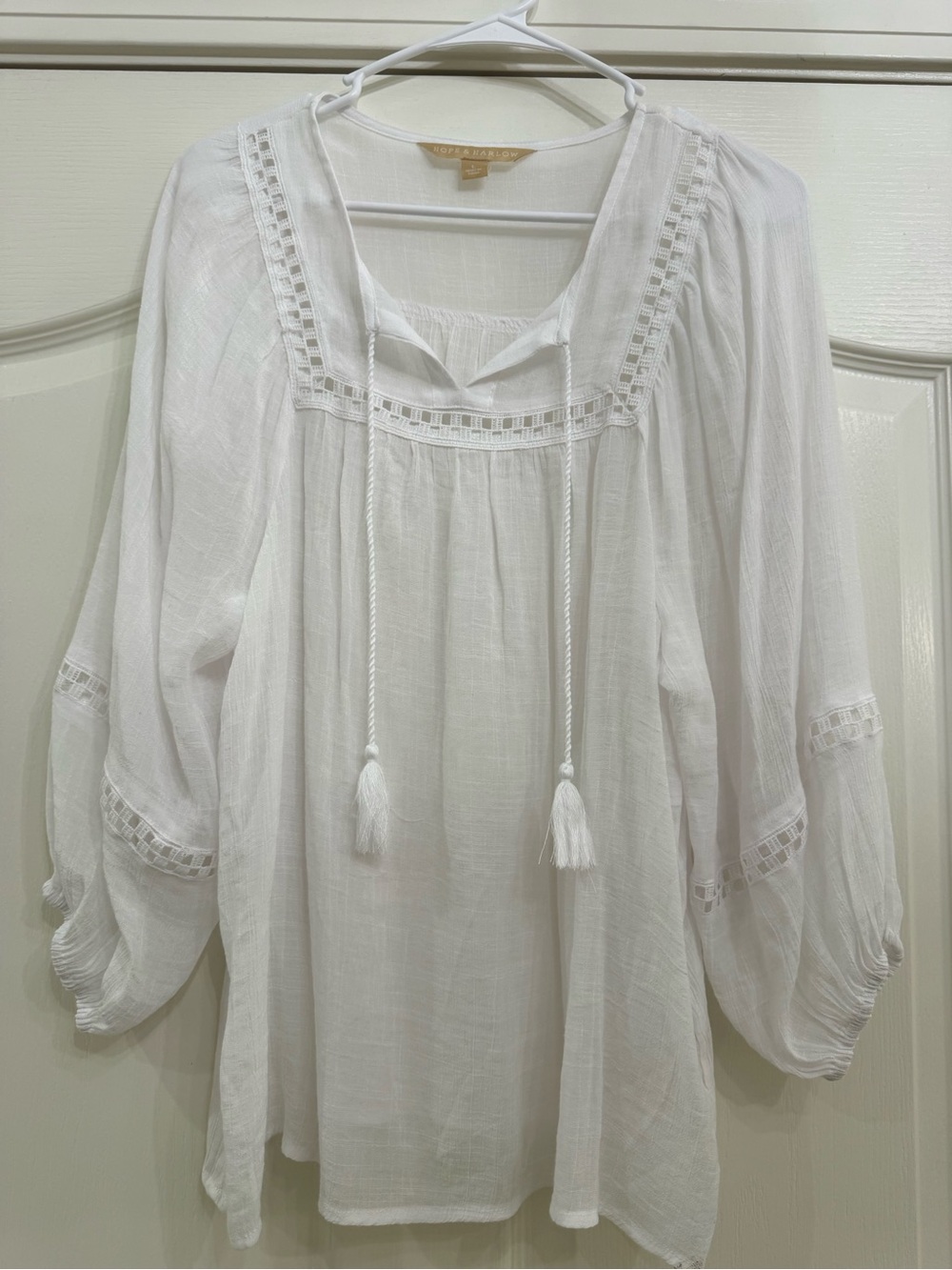 White Boho Peasant Top with Tassel Ties